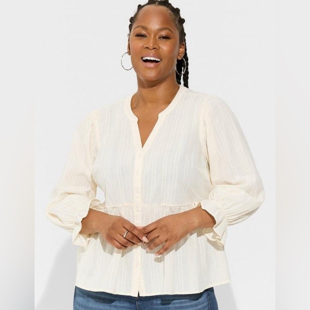 Torrid Cotton Button Up Blouse Long Sleeve Top Light Beige Off White Cream - Picture 4 of 5